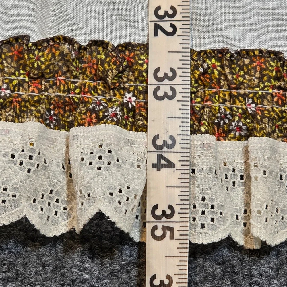 Vintage Farmhouse White Ruffle Eyelet Lace Brown Floral Calico Curtains 28x36